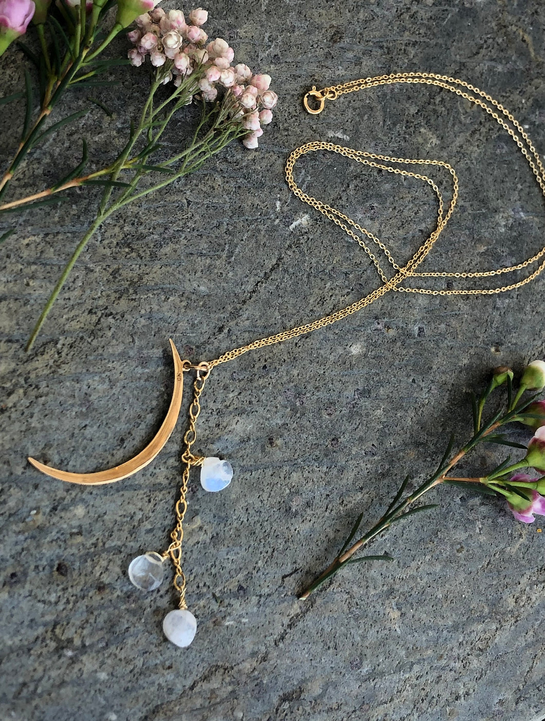 Gold Crescent Moon Pendant Necklace with Moonstone
