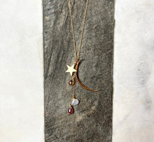 Load image into Gallery viewer, Gold Crescent Moon Pendant Necklace with Rainbow Tourmaline
