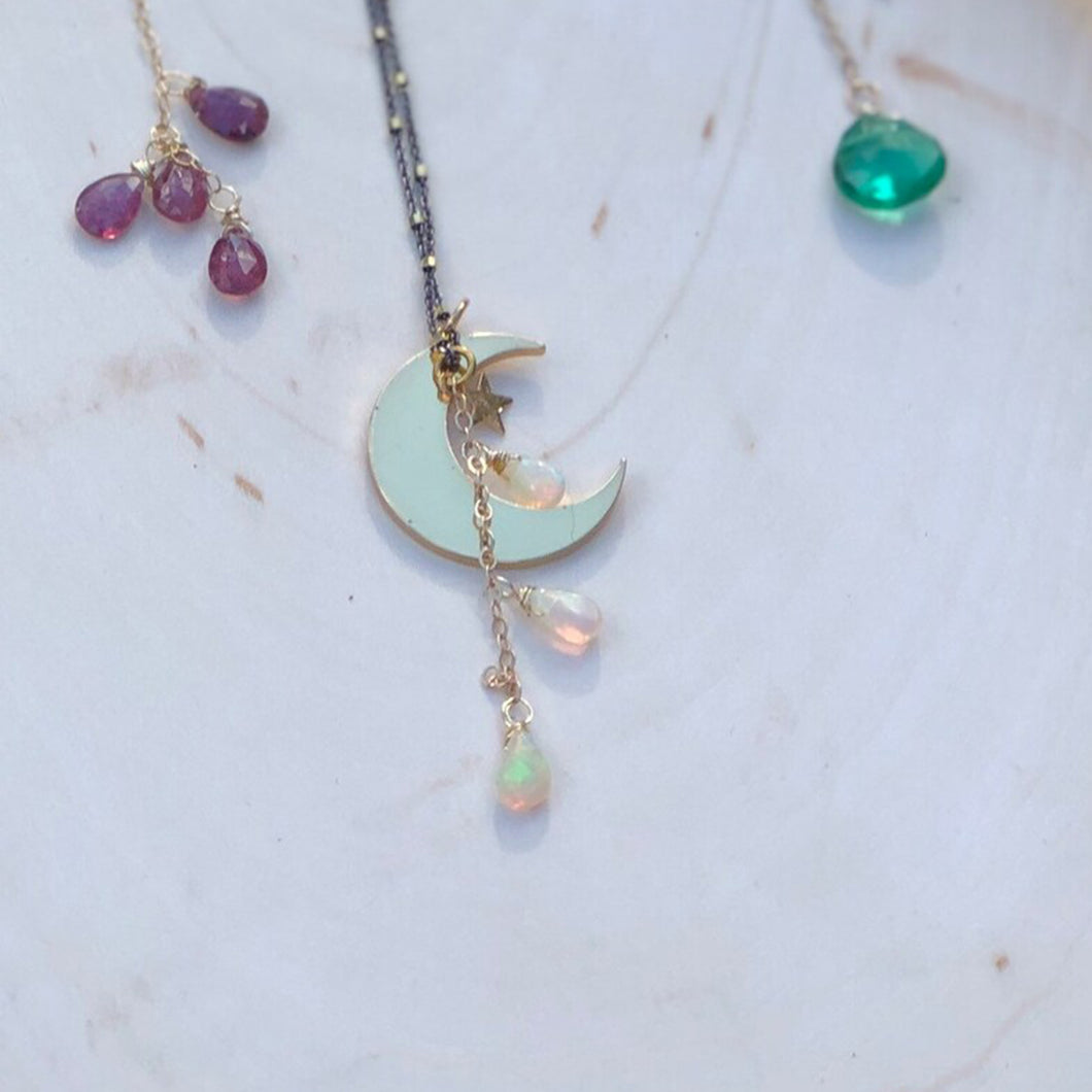 Gold Moon and Opal Charm Necklace