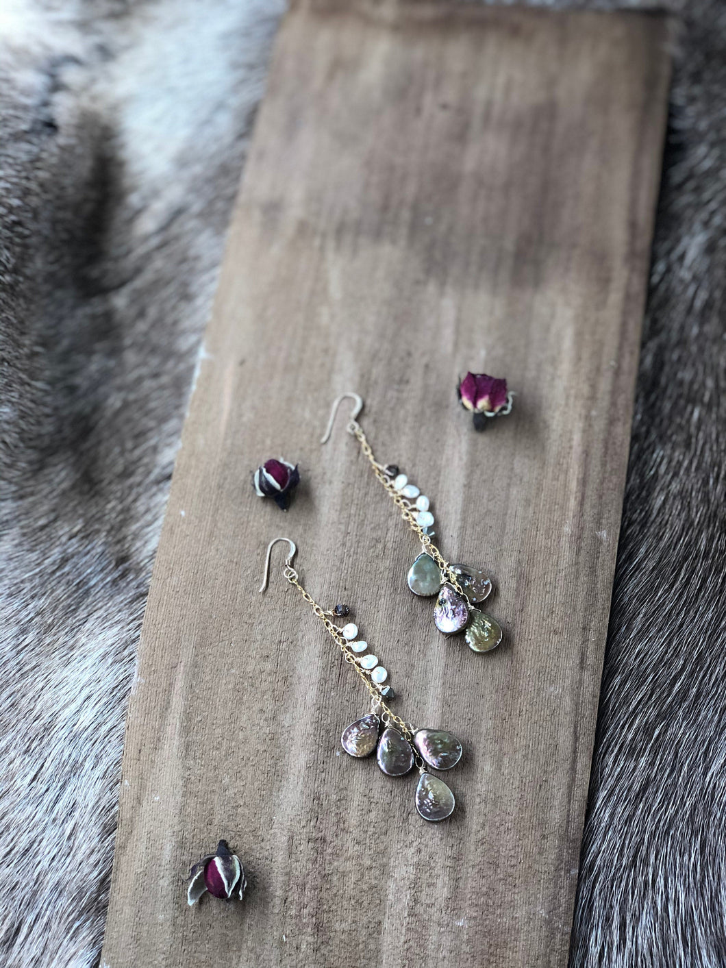 Sage Green Iridescent Freshwater Pearl Earrings/Cream Freshwater Pearl/ Czech Glass /Cascading Pearl Earrings on Gold Filled 14 Karat Chain