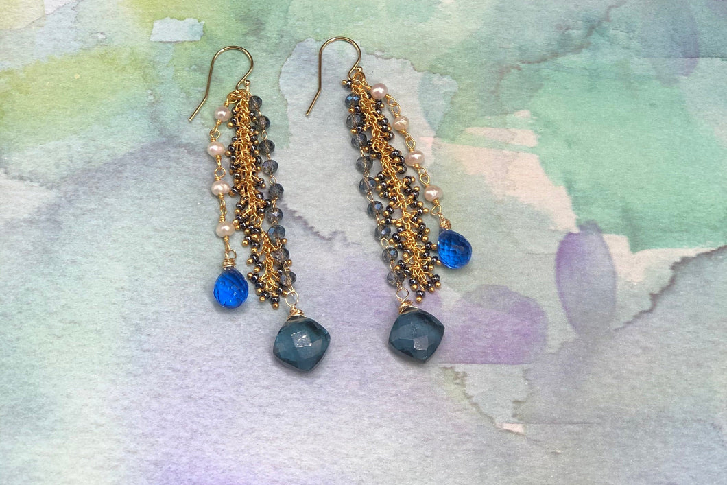 Sapphire + Pearl+ Topaz Earrings/Quality Sapphire, London Blue Topaz, Freshwater Pearl, Hematite, Glass Beads, 14 K Gold Filled Ear Wire