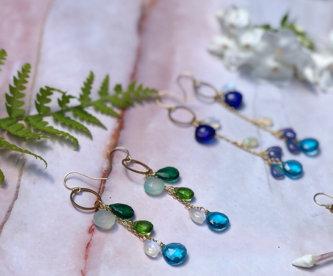 Rainbow Moonstone and Emerald Earrings