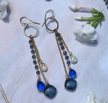 Load image into Gallery viewer, Sapphires + Opals + Topaz + Glass Beaded Gemstone Earrings, 14 K Gold Chain/London Blue Topaz, Ethiopian Opal/ High Quality AAA Gemstones

