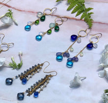 Load image into Gallery viewer, Sapphire + Pearl+ Topaz Earrings/Quality Sapphire, London Blue Topaz, Freshwater Pearl, Hematite, Glass Beads, 14 K Gold Filled Ear Wire
