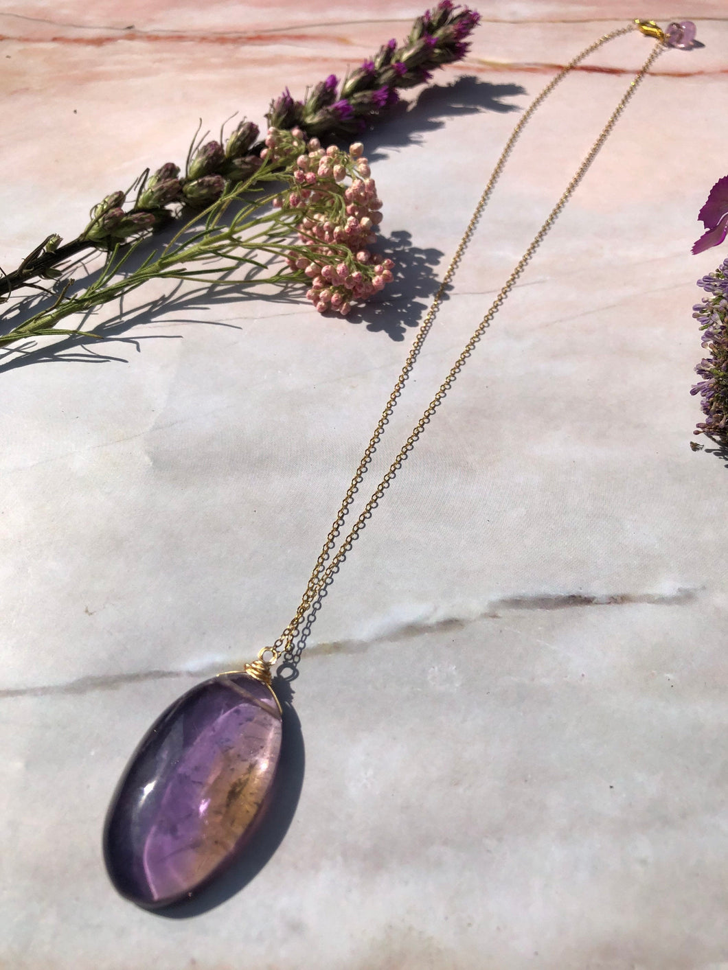 Purple + Yellow Ametrine Pendant Necklace, Gold Filled Chain + Purple