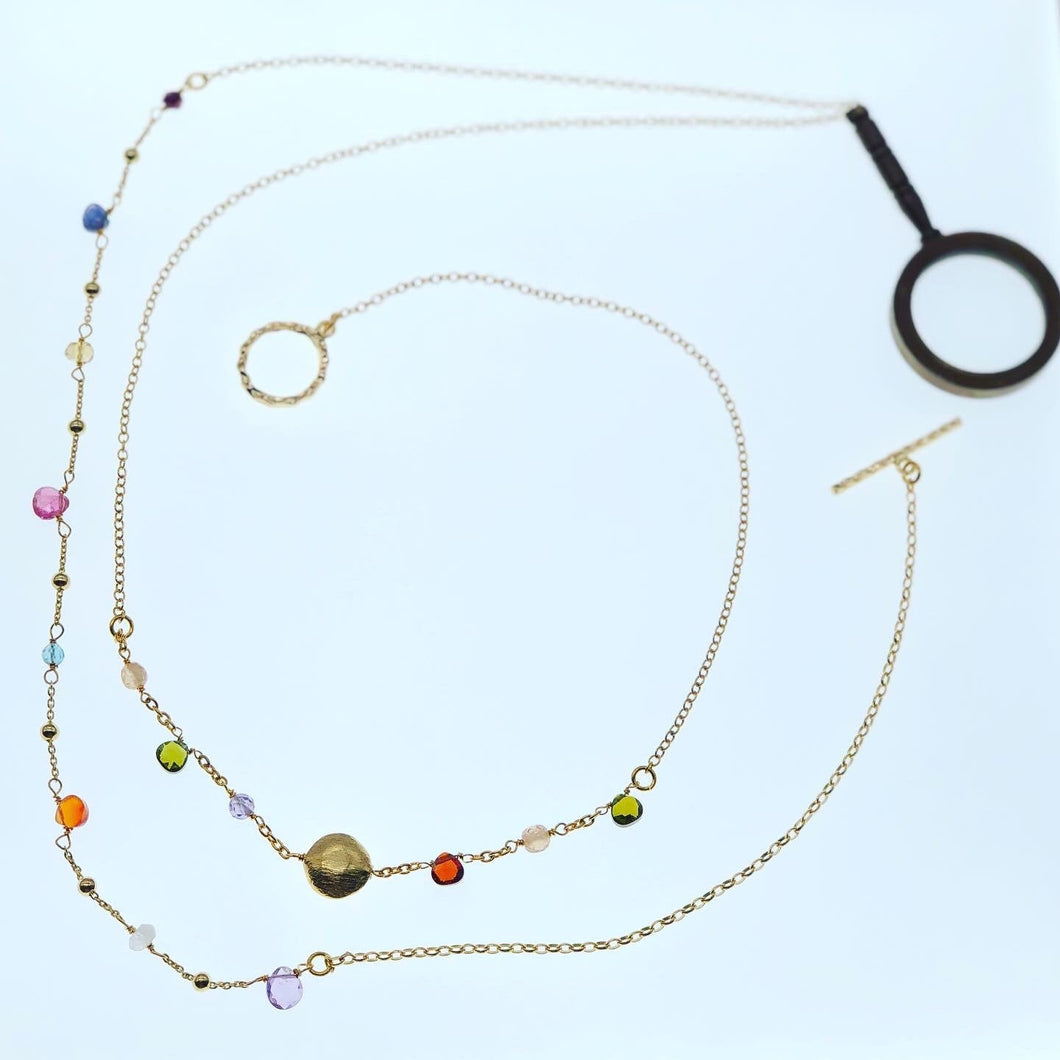Multi Gemstone Gold + Brass Magnifying Glass Pendant Necklace