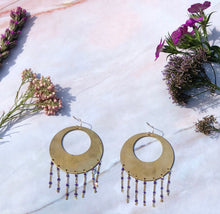 Load image into Gallery viewer, Gold Large Hammered Brass Hoops with Amethyst Fringe
