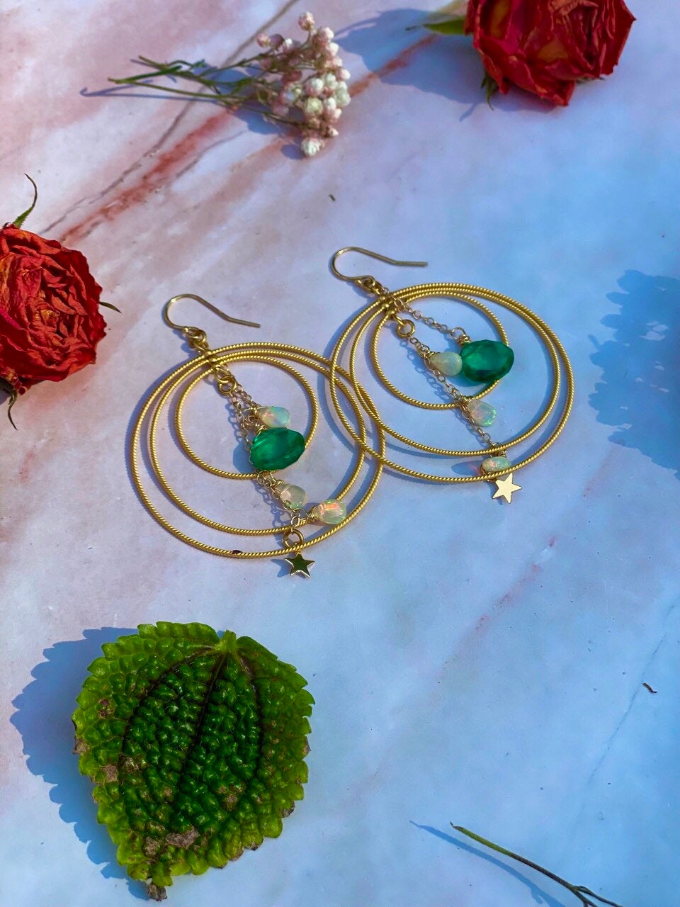 Opal and Green Amethyst Hoop Earrings