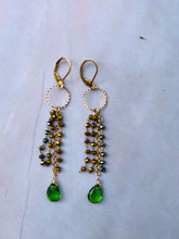 Load image into Gallery viewer, Peridot Glass Brass Earrings with Blue and Bronze Toned Fringe
