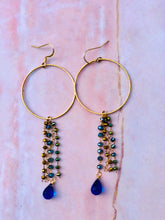 Load image into Gallery viewer, Sapphire and Blue and Bronze Toned Glass Fringe Brass Hoop Earrings
