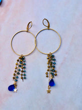 Load image into Gallery viewer, Sapphire and Blue and Bronze Toned Glass Brass Hoop Fringe Earrings
