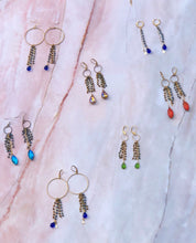 Load image into Gallery viewer, Sapphire and Blue and Bronze Toned Glass Brass Hoop Fringe Earrings
