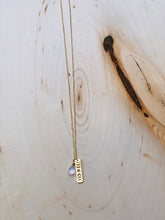 Load image into Gallery viewer, Small Gold Moon Phase Bar Necklace with Rainbow Moonstone
