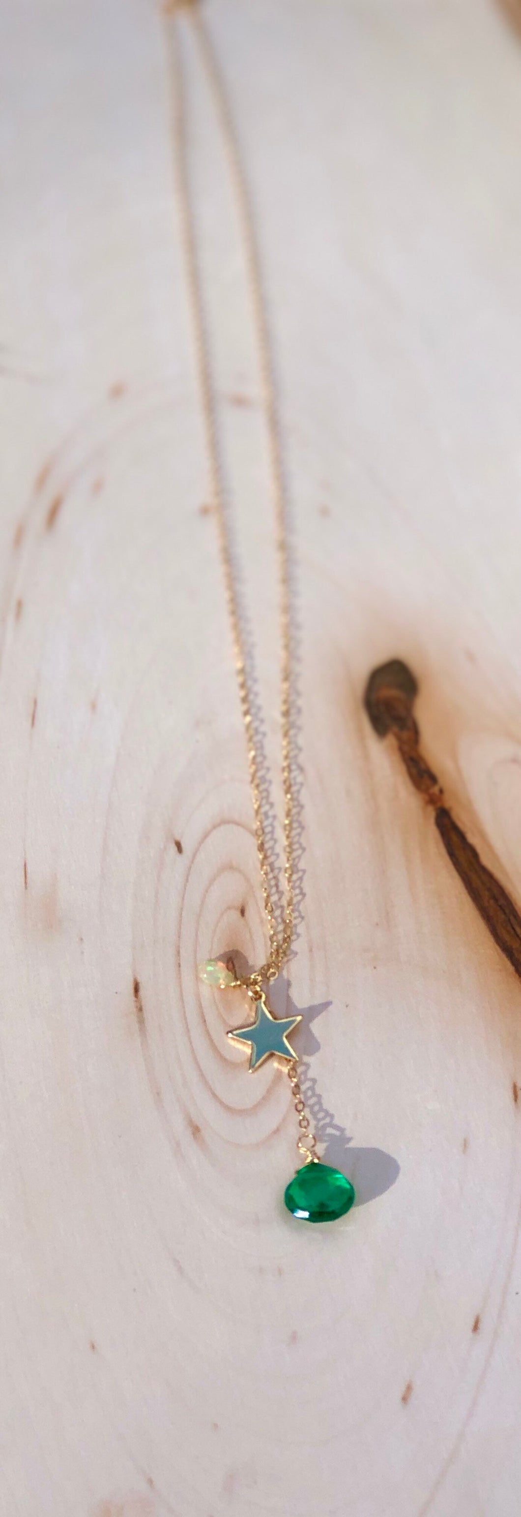Green Amethyst and Opal Gold Star Charm Necklace
